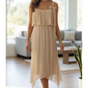 Vintage Nude Accordion-Pleated Chiffon Dress Sz 8 Soft Feminine Minimalist Chic
